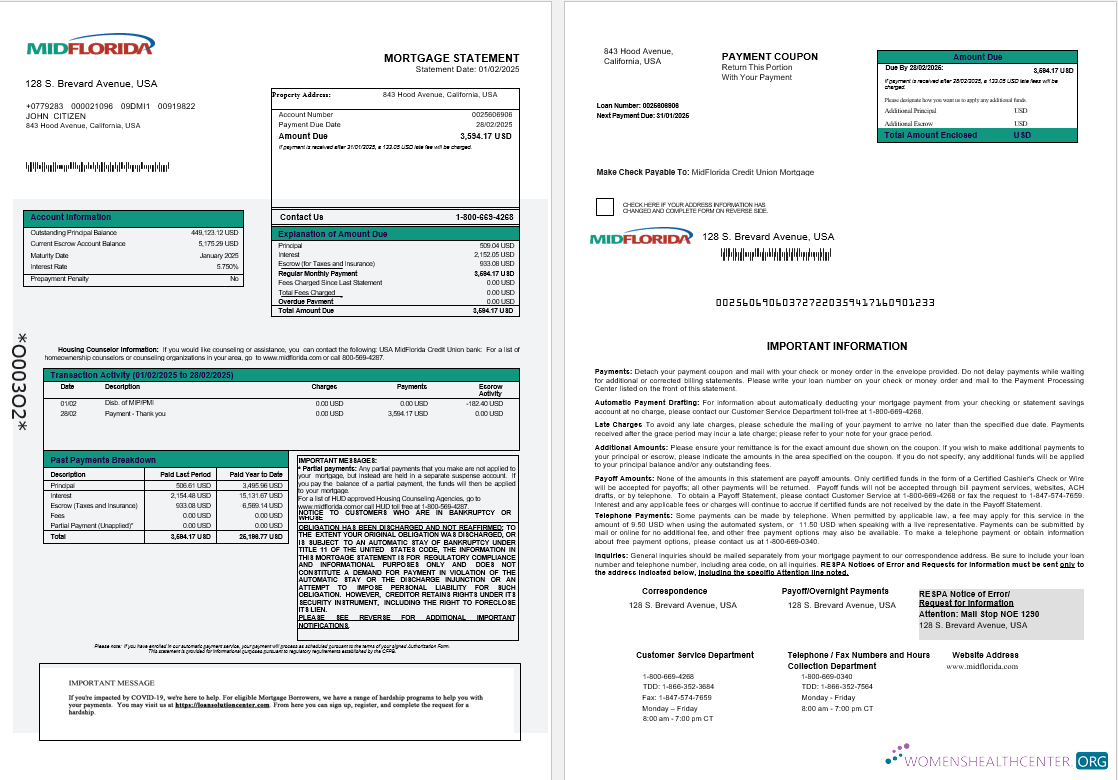 Download USA MidFlorida Credit Union bank mortgage statement in Word and PDF formats 1 2 Photoshop template